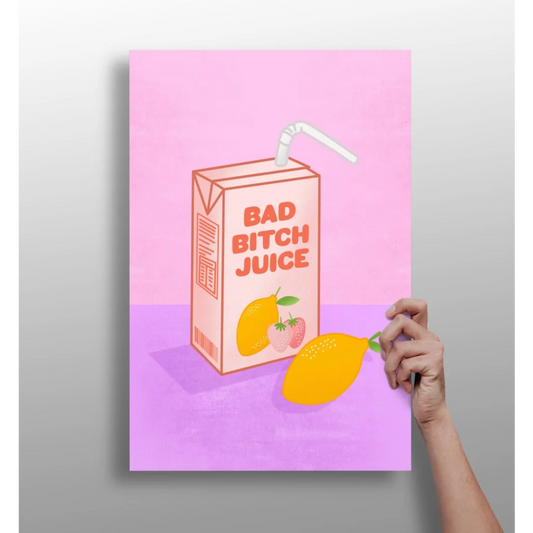 Bad Bitch Juice Box aluminum print with lemon illustration, pink background, white straw