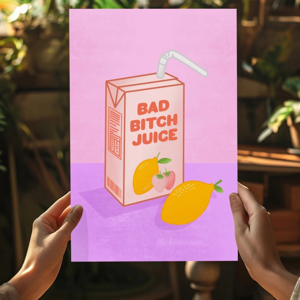 Pink Bad Bitch Juice Box with mango strawberry design on aluminum print
