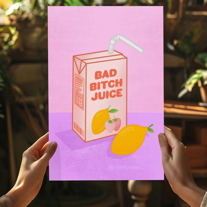 Pink Bad Bitch Juice Box with mango strawberry design on aluminum print