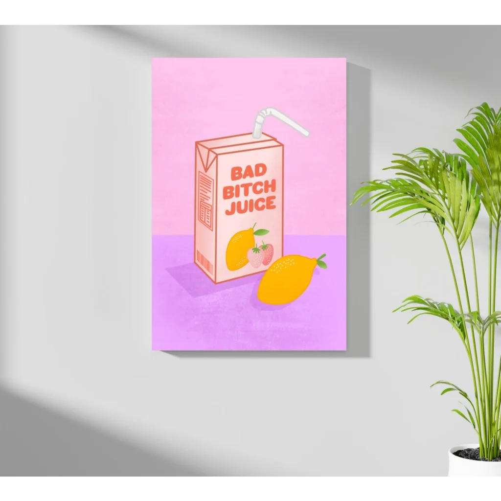 Pink mango juice box with bad bitch text and straw on aluminum print