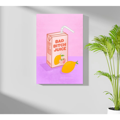 Pink mango juice box with bad bitch text and straw on aluminum print