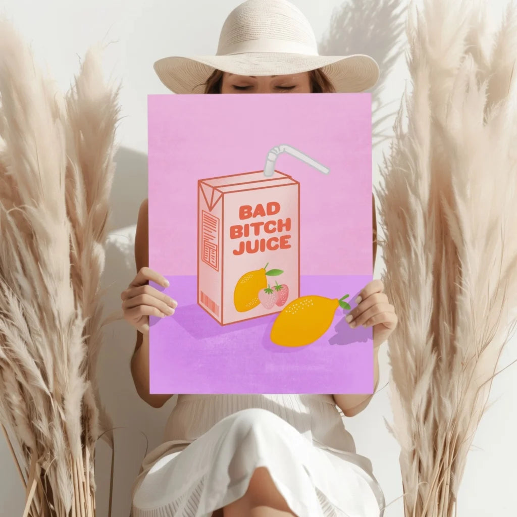 Pink Bad Bitch Juice Box poster with mango and straw design