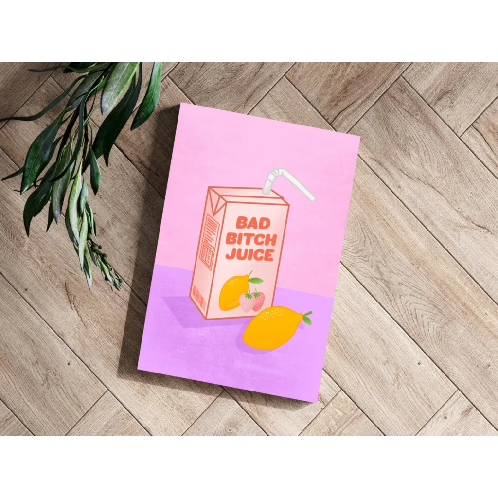 Bad Bitch Juice Box aluminum print with pink purple juice box and straw design