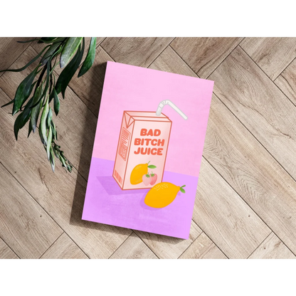 Bad Bitch Juice Box aluminum print with pink purple juice box and straw design