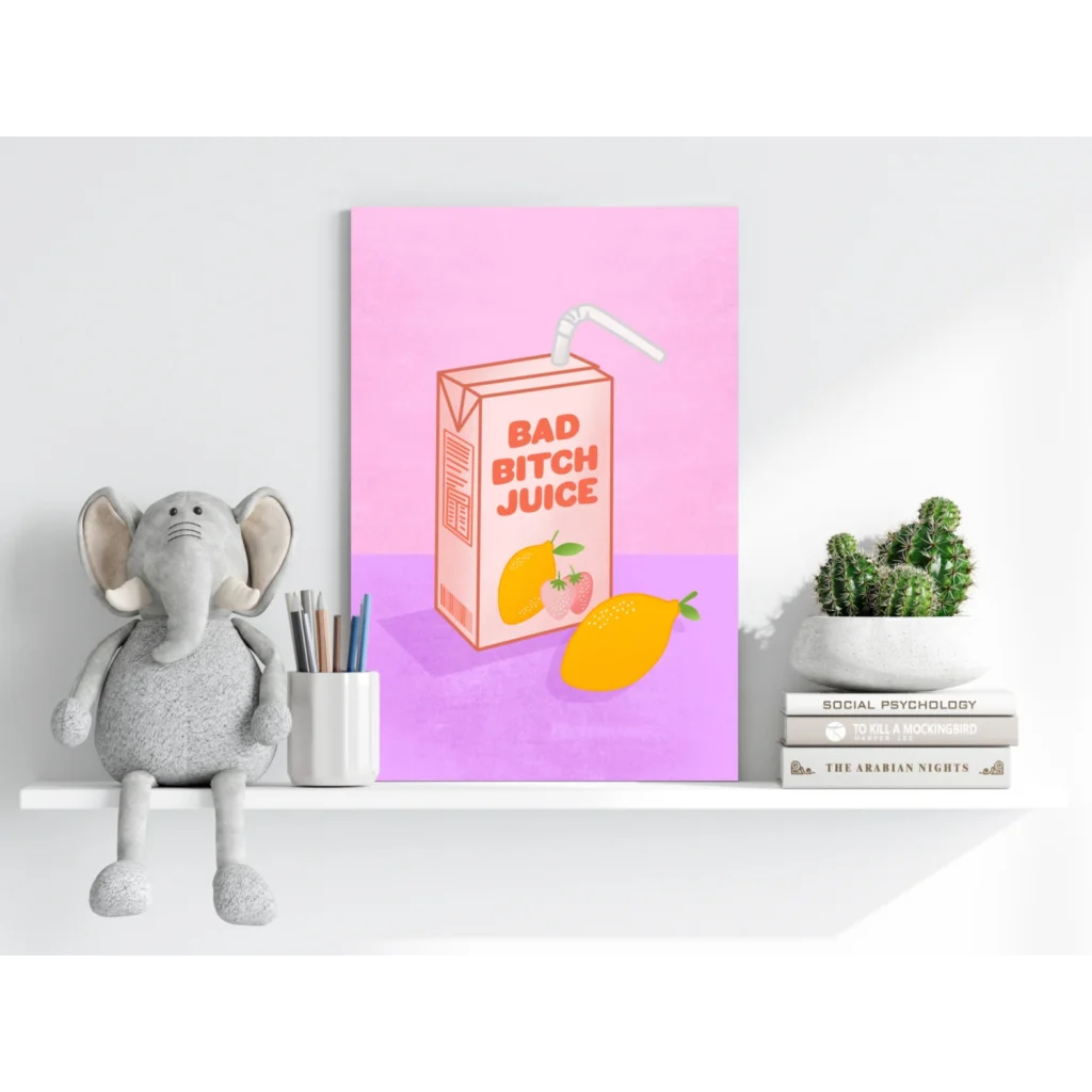 Bad Bitch Juice Box Aluminum Print poster with vibrant pink purple background and bold white text