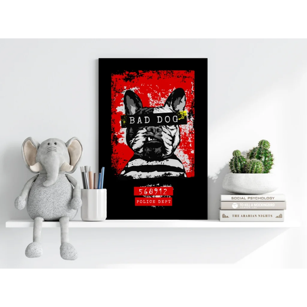 Bad Dog Bulldog red and black aluminum wall art poster with dog illustration