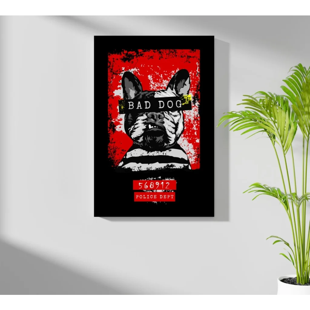 Red and black bad dog bulldog aluminum wall art with distressed texture