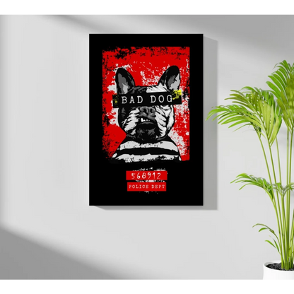 Red and black bad dog bulldog aluminum wall art with distressed texture