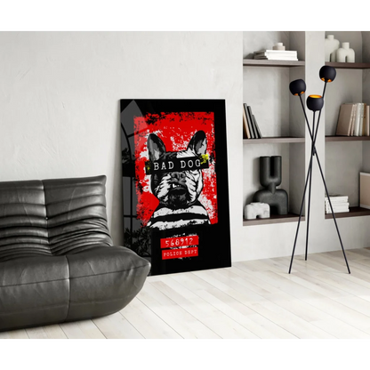 Stylized French bulldog glass wall art print with bad dog text