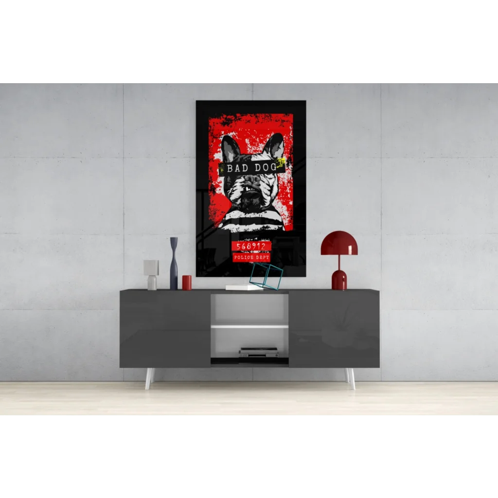 Stylized French bulldog in prison stripes on bold red black glass wall art
