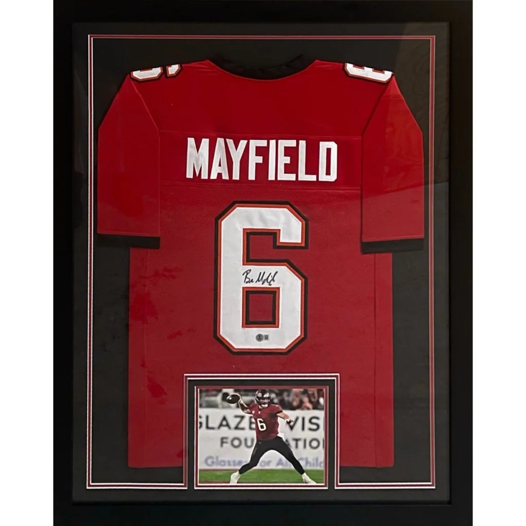 Baker Mayfield autographed Tampa Bay Buccaneers framed jersey with red frame, white lettering and number 6