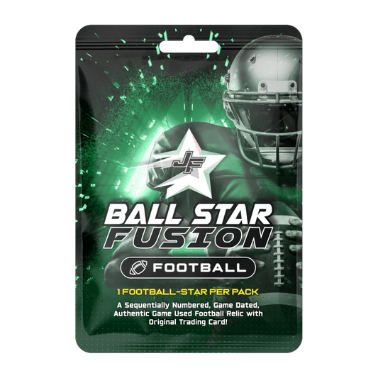 Football trading card pack from Ball Star Fusion with authentic game used relics