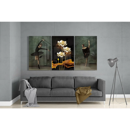Golden Lotus Ballet Dancer Canvas Wall Art Set | Modern Wall Art Decor | vintageantiquesgifts.com