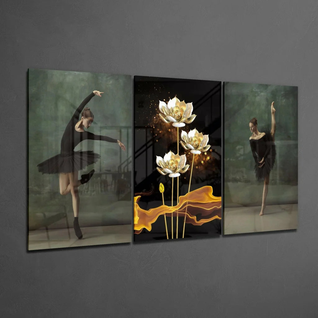 Golden Lotus Ballet Dancer Canvas Wall Art Set | Glass Wall Art Print | vintageantiquesgifts.com