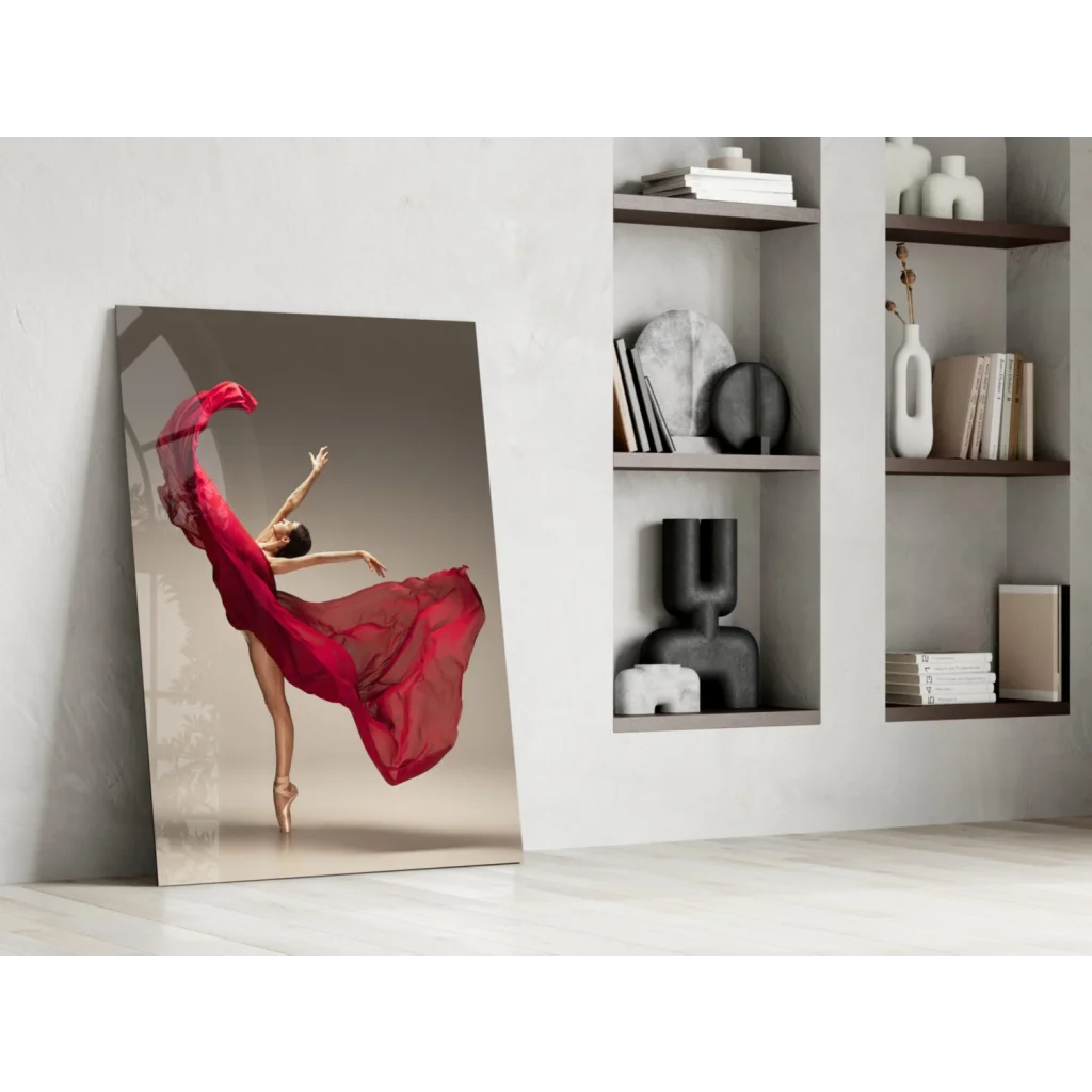 Vibrant red ballerina glass wall art print on minimalist white wall