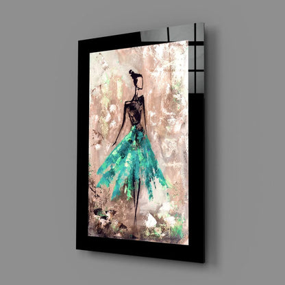 Teal dancer abstract glass wall art with textured earth tones