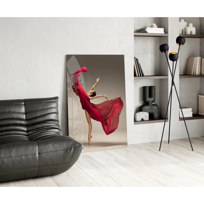 Graceful red ballerina glass wall art print on white wall
