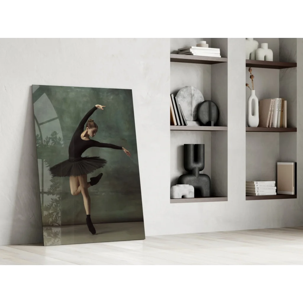 Graceful black ballerina canvas wall art leaning against white wall