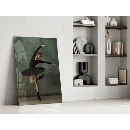 Graceful black ballerina canvas wall art leaning against white wall