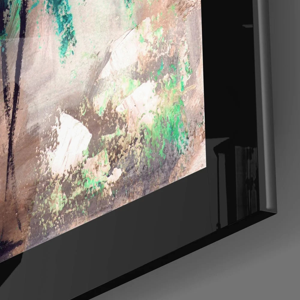 Teal Dancer abstract glass wall art with textured earthy tones