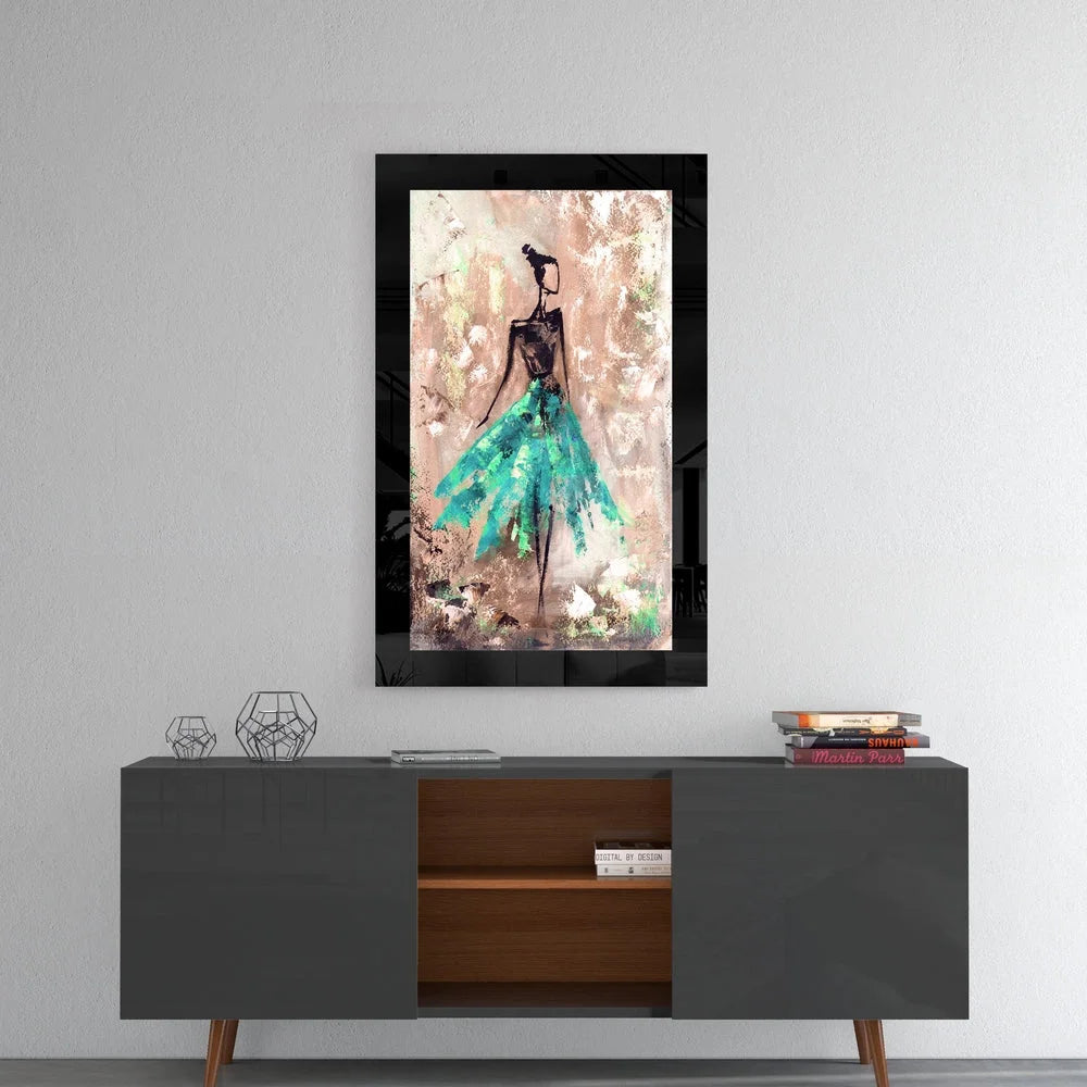 Teal dancer abstract glass wall art in black frame