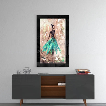 Teal dancer abstract glass wall art in black frame