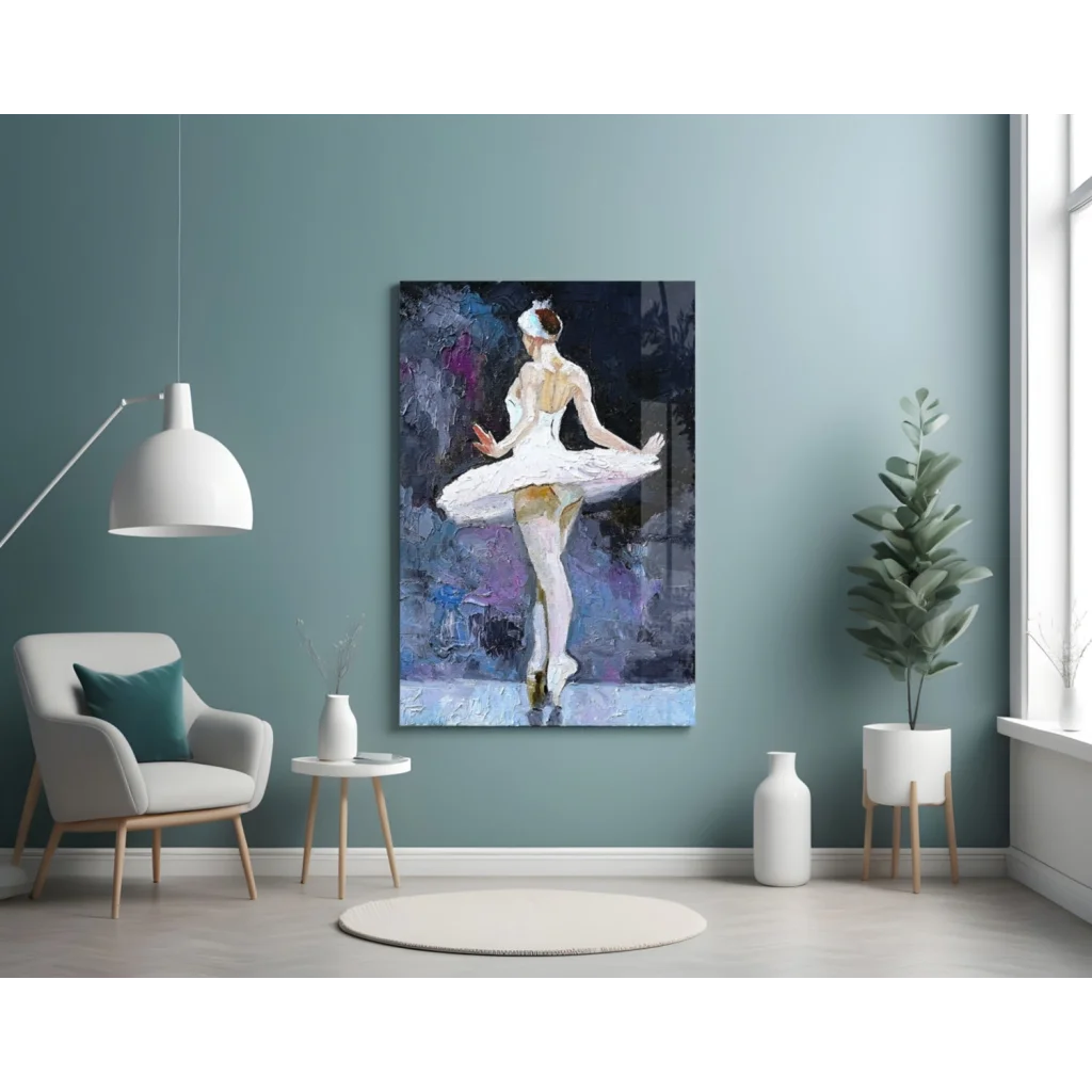 Vibrant ballerina wall art canvas with purple blue abstract background