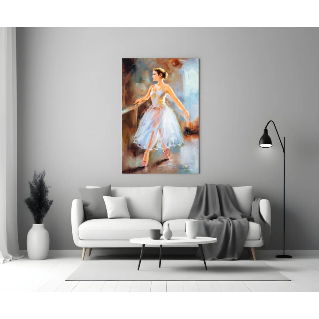 Elegant ballerina in white tutu watercolor glass wall art above sofa