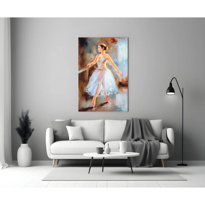 Elegant ballerina in white tutu watercolor glass wall art above sofa