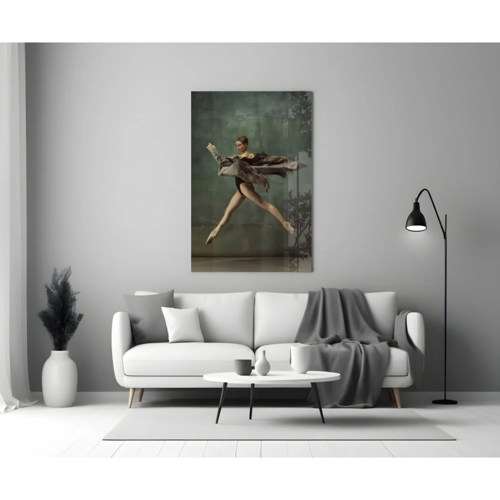 Graceful ballet dancer mid-leap canvas wall art in earthy tones