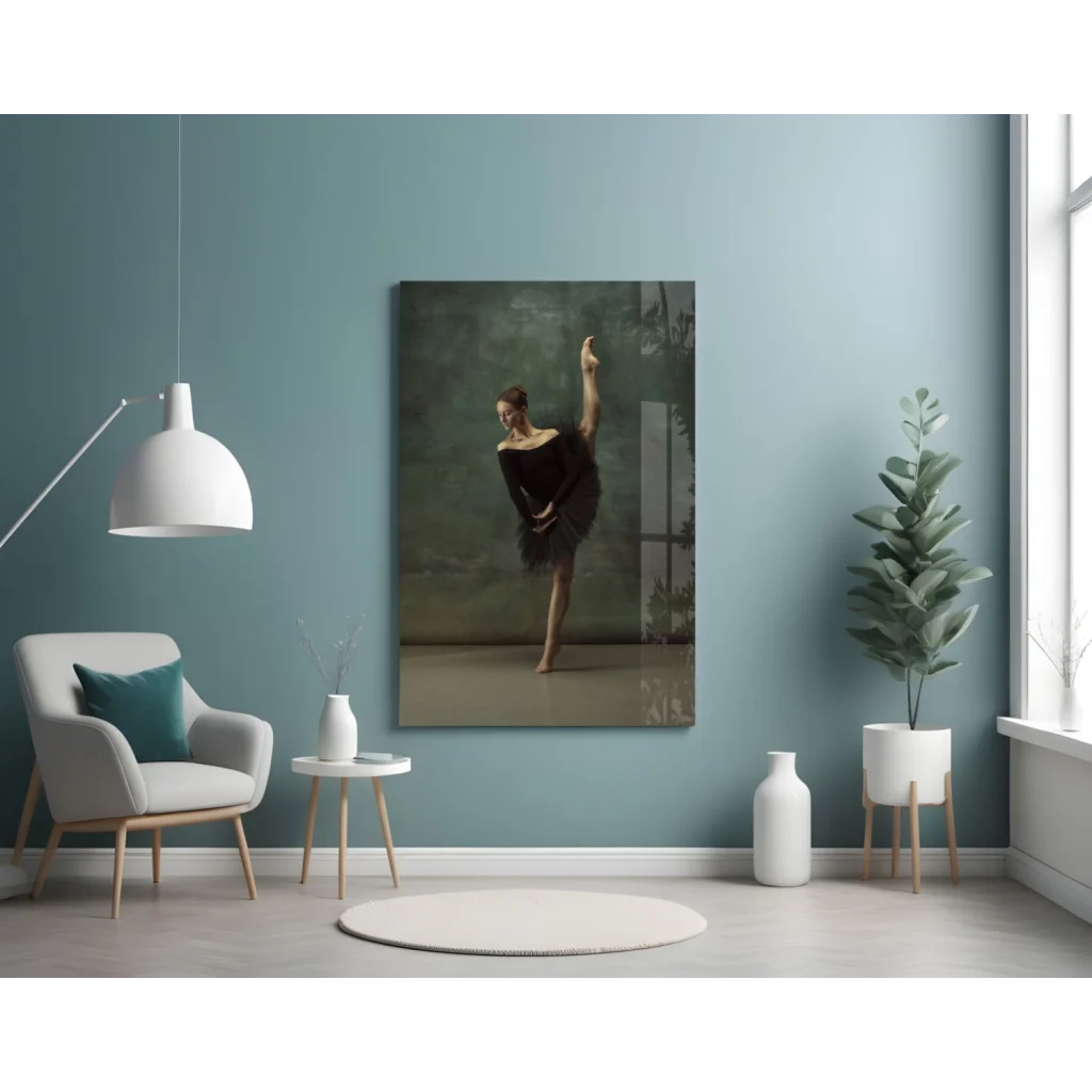 Graceful black ballerina in dress on muted green canvas wall art print