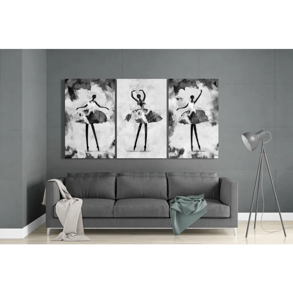 Set of three black and white abstract ballet dancer wall art canvases