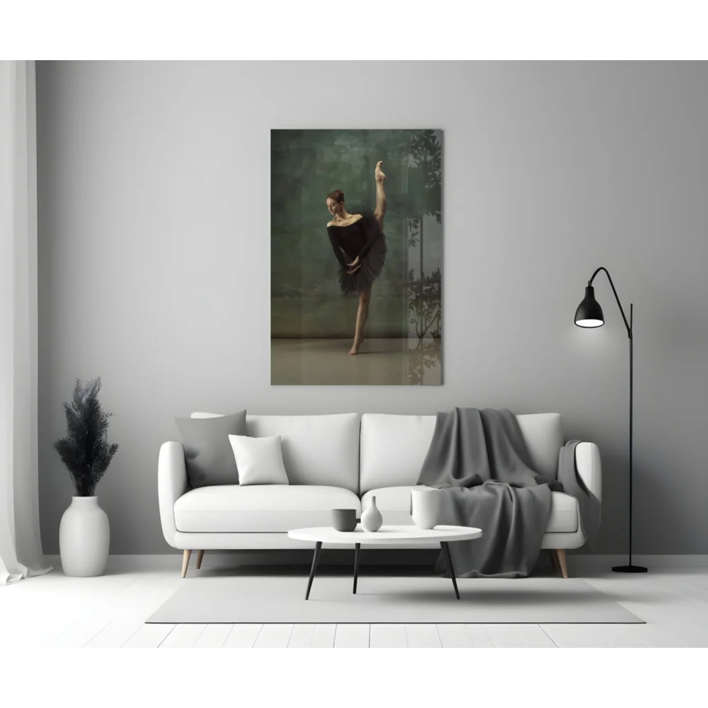 Elegant ballerina wall art canvas print in black dress on green backdrop