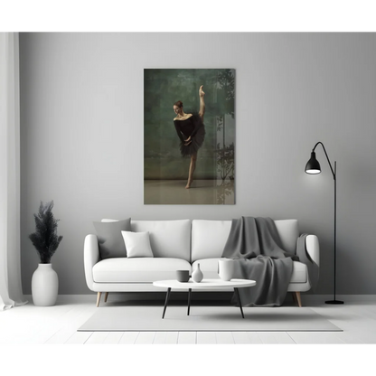 Elegant ballerina wall art canvas print in black dress on green backdrop
