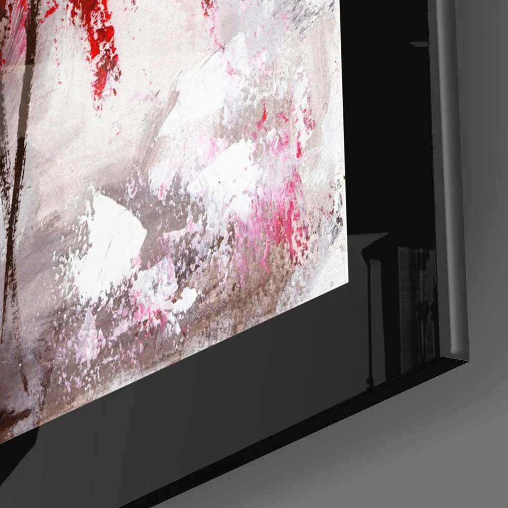 Bold red abstract canvas wall art with pink strokes and black frame