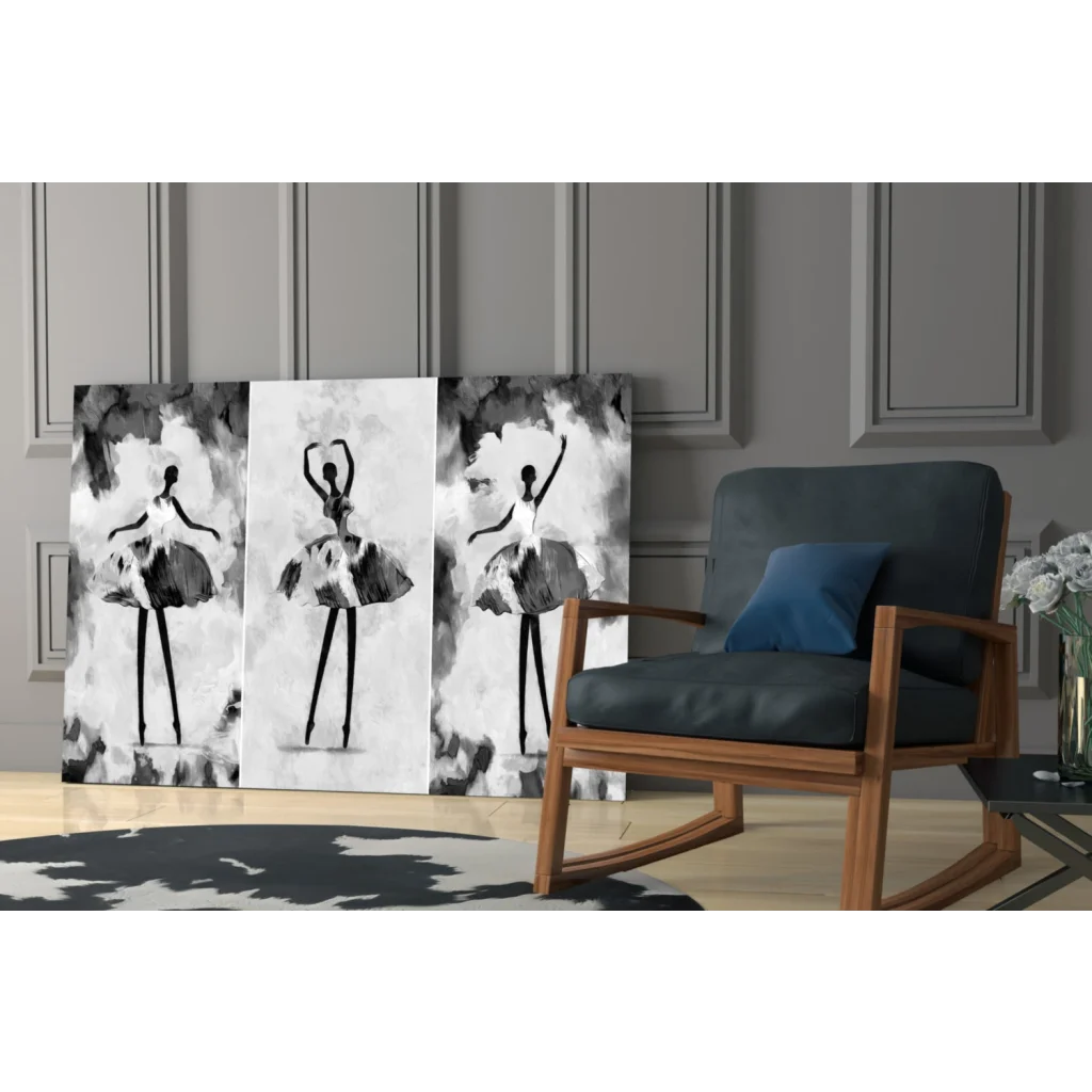 Three-panel black and white abstract ballet dancer glass wall art set