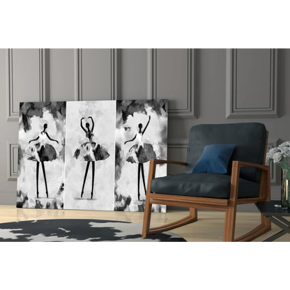 Three-panel black and white abstract ballet dancer glass wall art set
