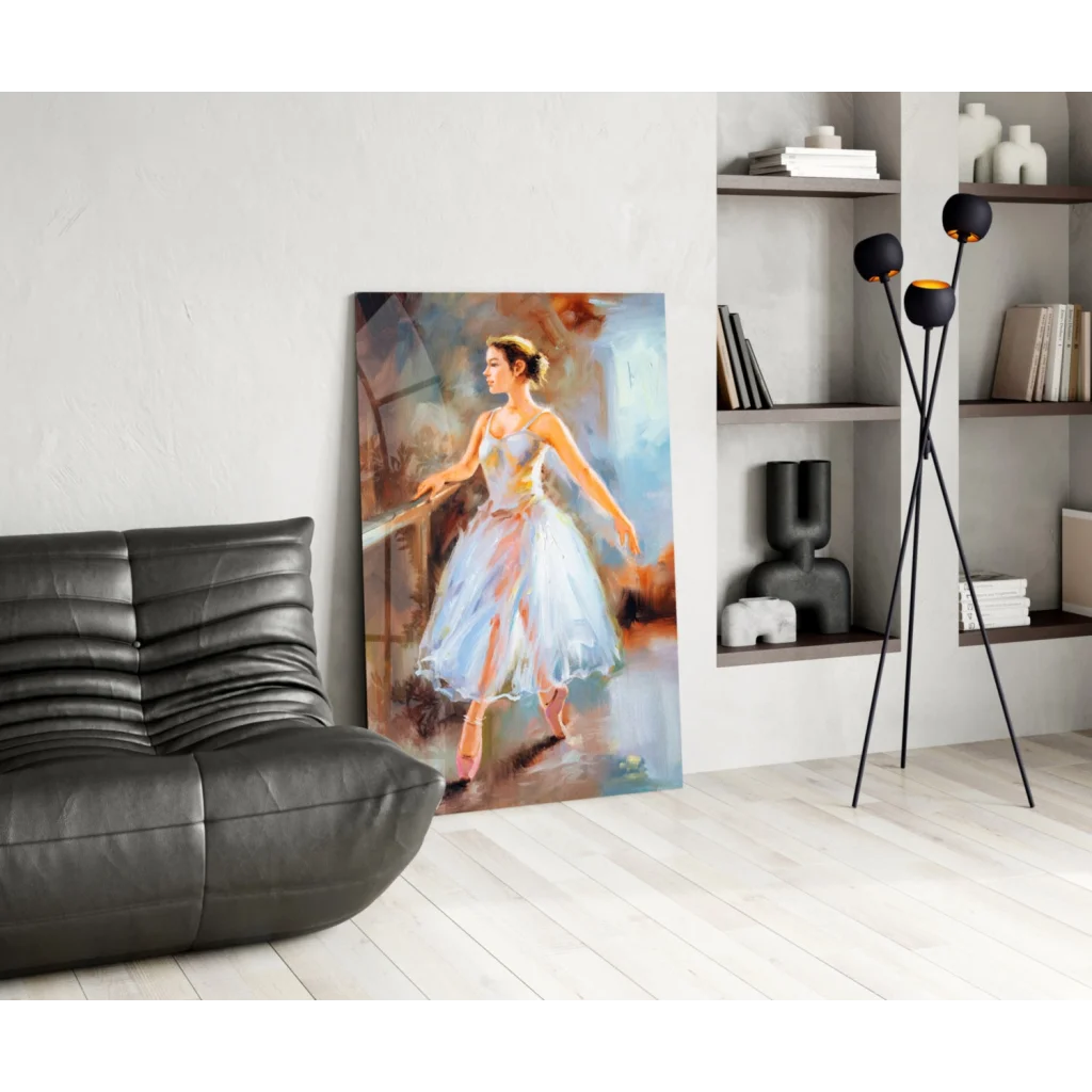 Elegant ballerina glass wall art in soft watercolor style