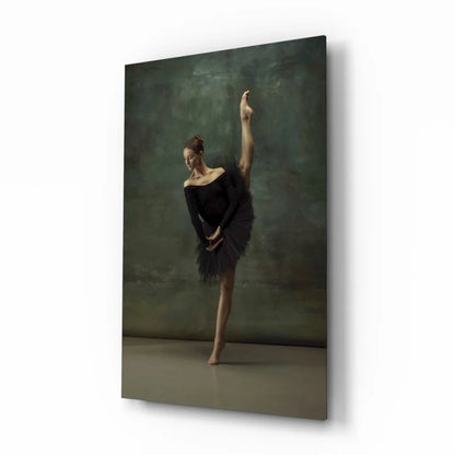 Graceful black ballerina in elegant pose on muted green wall art canvas print
