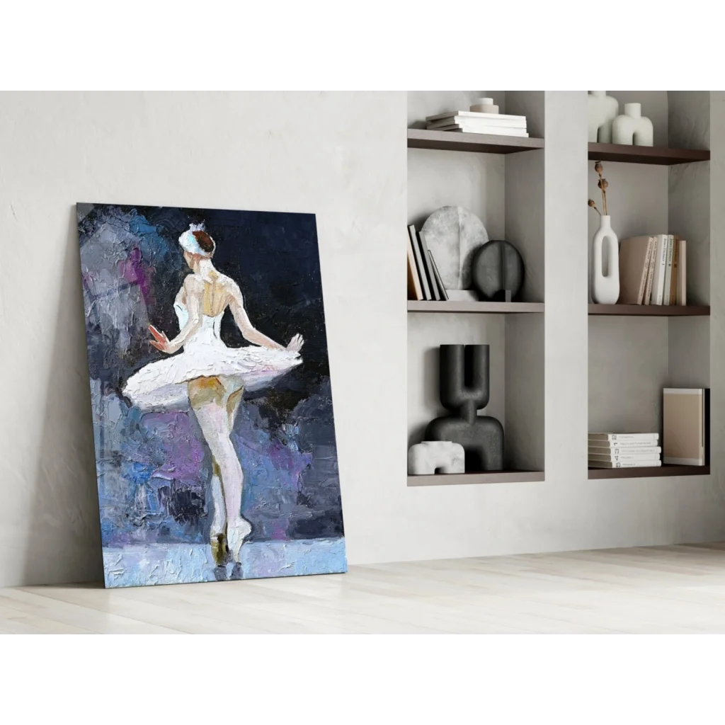 Vibrant ballerina wall art canvas with purple blue abstract background