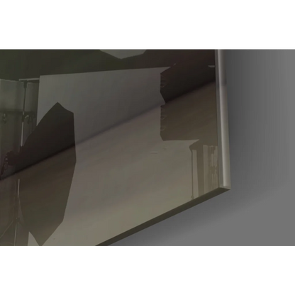 Sleek metallic-framed glass wall art with distorted room reflections