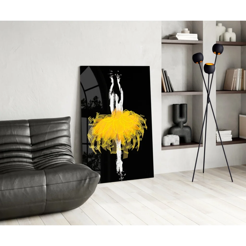 Bold black-and-yellow ballet dancer glass wall art print