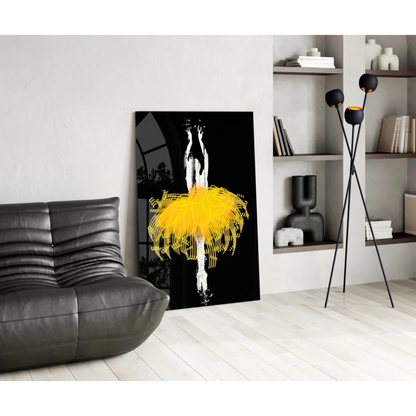 Bold black-and-yellow ballet dancer glass wall art print