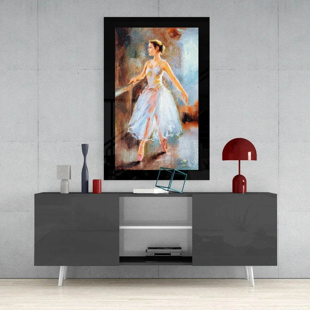 Elegant ballerina in white dress on black-framed tempered glass wall art