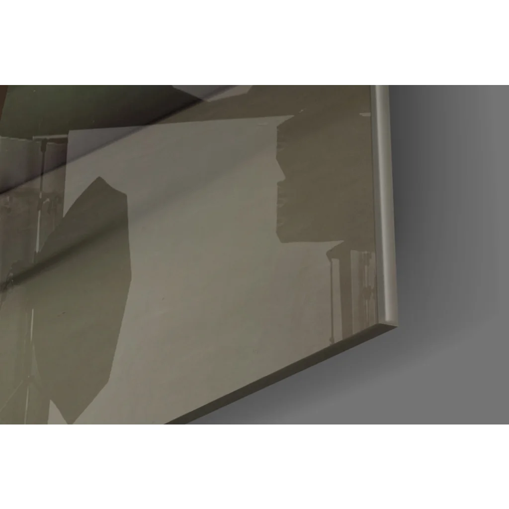 Sleek metallic glass wall art mirror with distorted ballerina reflections