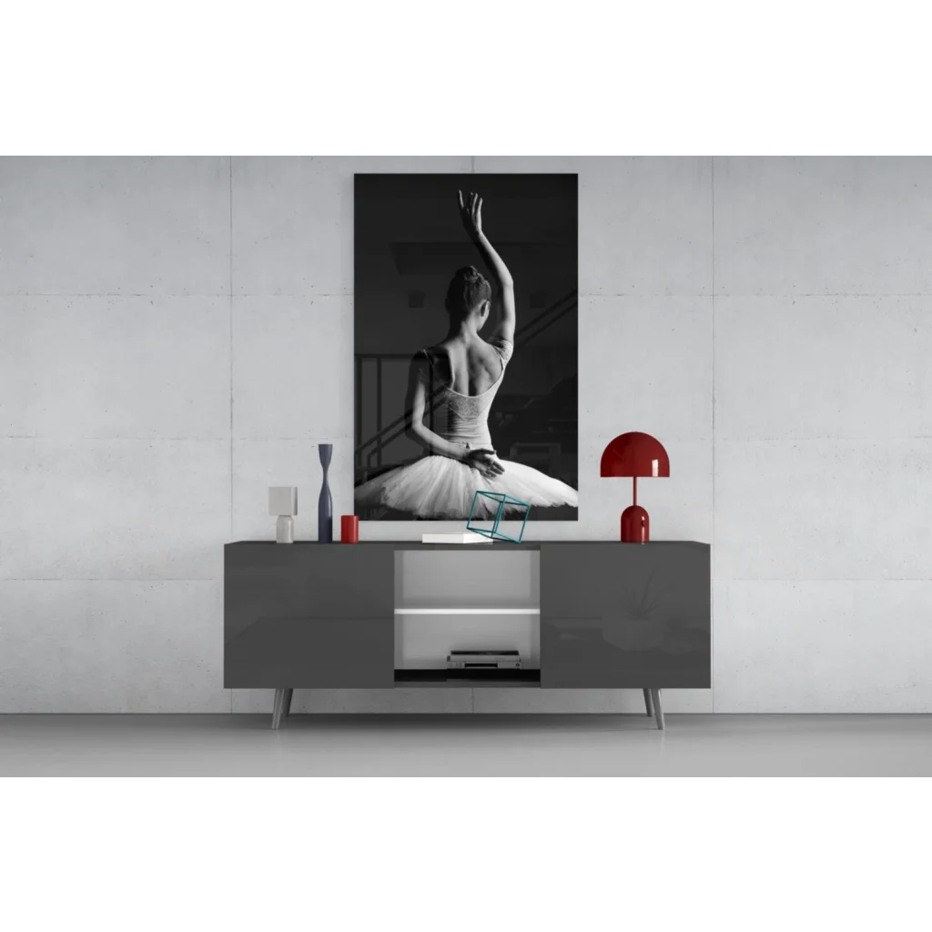 Black-and-white ballerina canvas wall art in classic pose on gray table