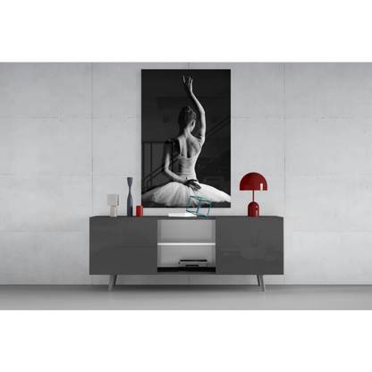 Black-and-white ballerina canvas wall art in classic pose on gray table