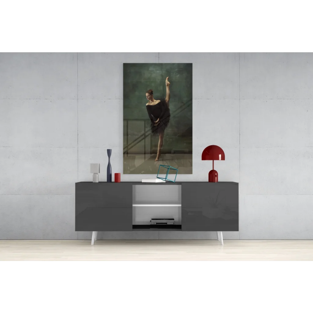 Elegant ballerina wall art with red mushroom lamp on gray console
