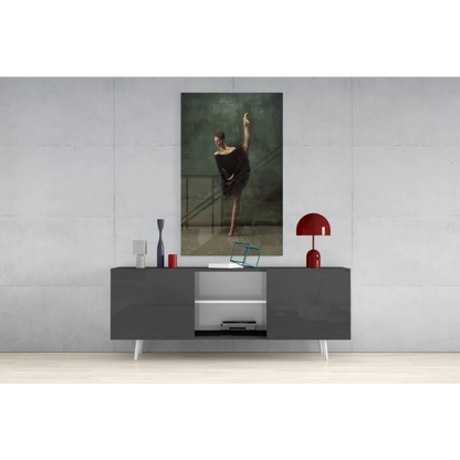Elegant ballerina wall art with red mushroom lamp on gray console