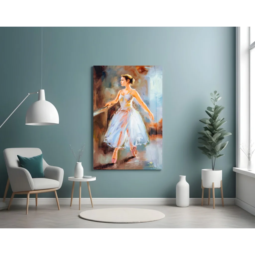 Vibrant ballerina glass wall art in soft watercolor style